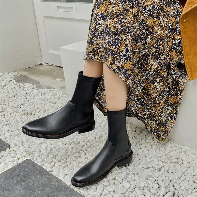 

Meotina Mid Calf Boots Women Shoes Genuine Leather Low Heel Boots Lady Round Toe Thick Heels Stretch Boots Autumn Winter Black