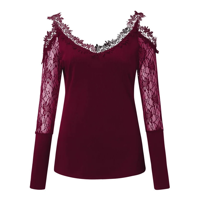 

Women Spring T Shirt Lace Off Shoulder Long Sleeve Mesh Patchwork V Neck Ladies Pullover Solid Color T Shirt