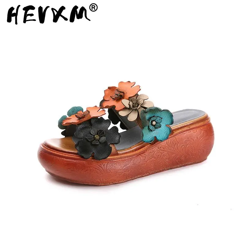

2021 Female Flower Slippers Genuine Leather Shoes Original Handmade Slides Flip Flop On Thick Platform Women Vintage Slippers