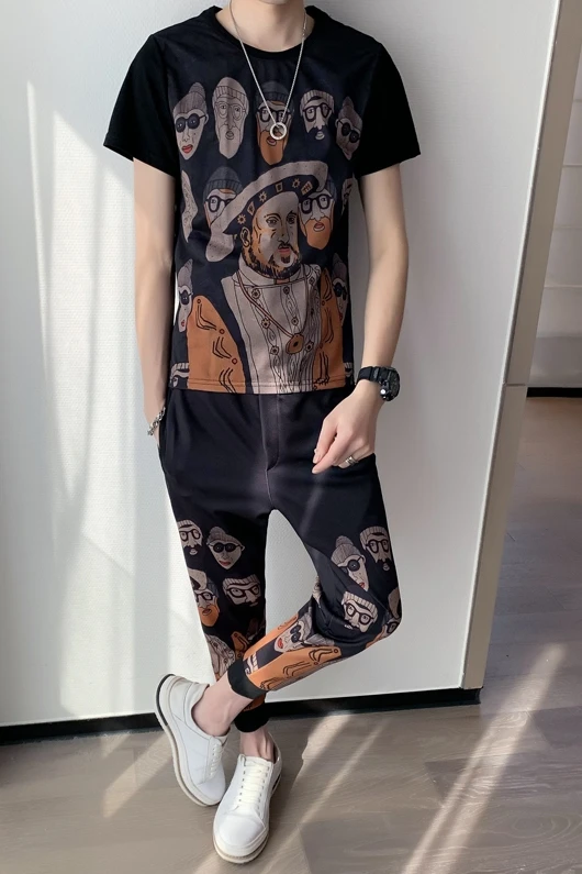 

Print Men Character Tracksuits 2021 Summer Short Sleeve Tshirts Pants 2 Piece Set Casual Streetwear Sports Suit Plus Size M-5XL