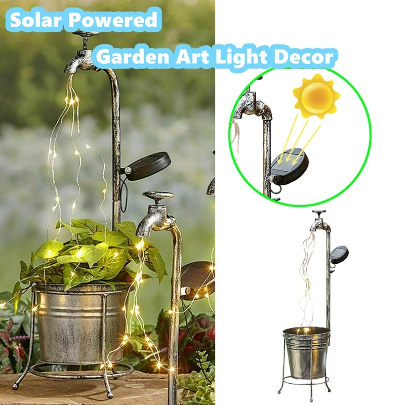 

Metal Watering Can Stake with Lights for Garden Art Decor Water Faucet Planter Solar Light Lawn Art Outdoor Home Decor