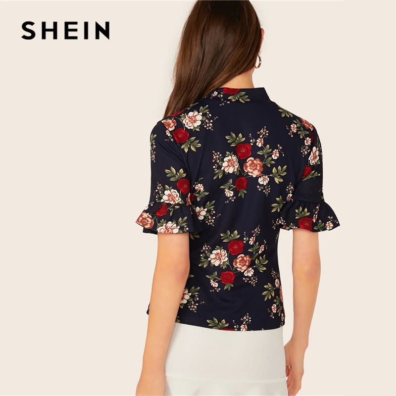 SHEIN abaya/темно-синяя гофрированная манжета с круглым вырезом, футболка с цветочным принтом, топ, женский летний рукав-Волан женские, облегающие элегантные футболки, топы