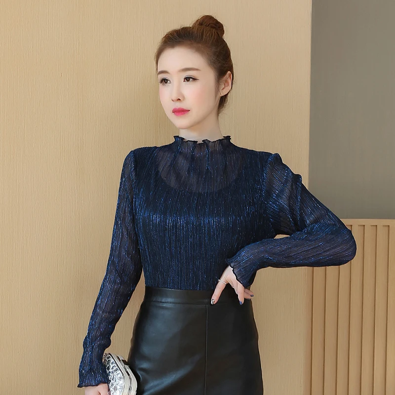 Женская блузка с кружевом воротником стойкой и длинным рукавом| |