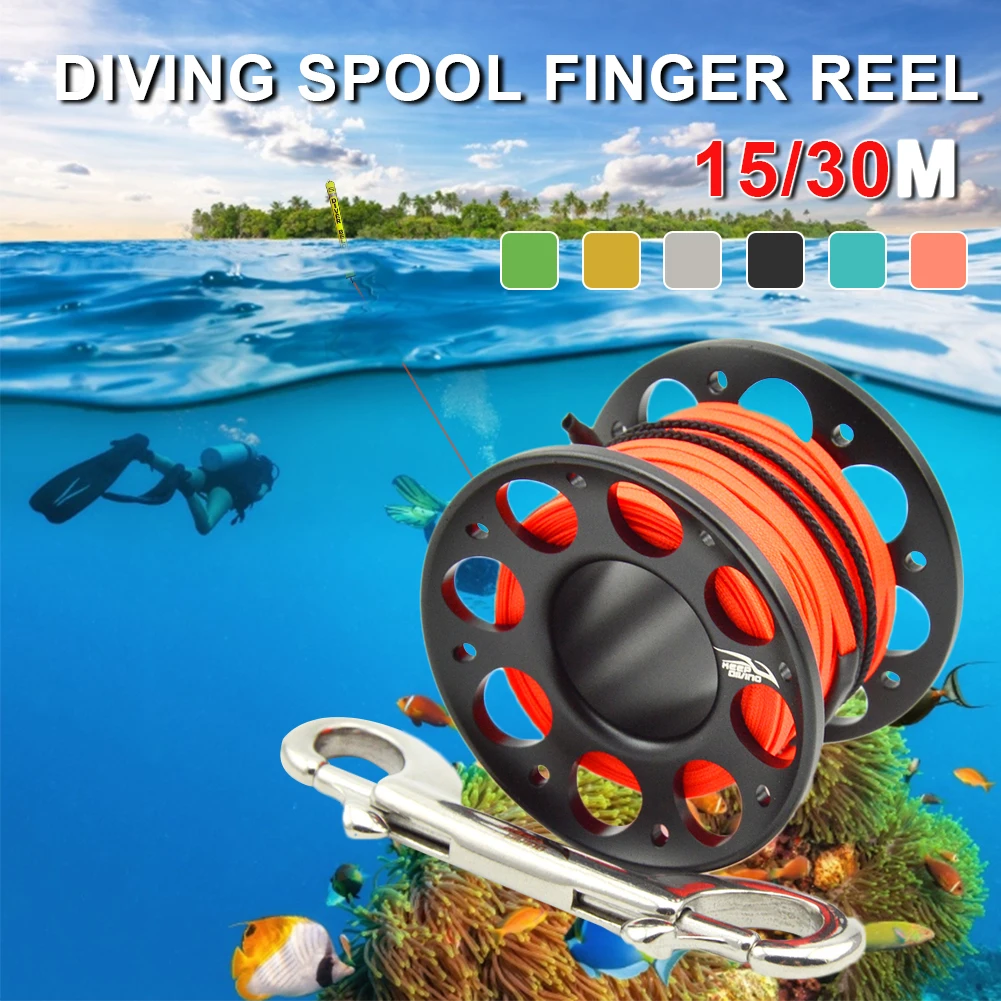 

15M/30M Scuba Diving Aluminum Alloy Spool Finger Reel with Stainless Steel Double Ended Hook Underwater Equipment Cave Dive