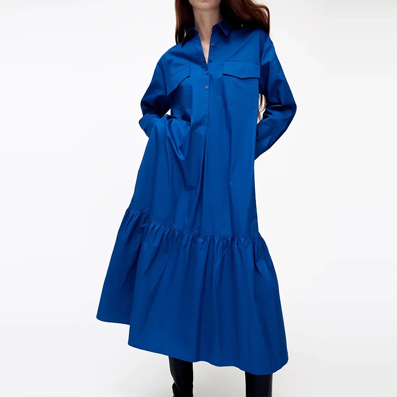 

Женское платье-рубашка WXWT Za, однотонное поплиновое платье с длинным рукавом, свободного покроя, осеннее, BB4118