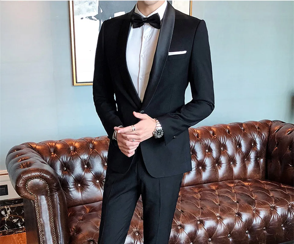 

Handsome One Button Groomsmen Shawl Lapel Groom Tuxedos Men Suits Wedding/Prom/Dinner Best Blazer(Jacket+Pants+Tie) 014