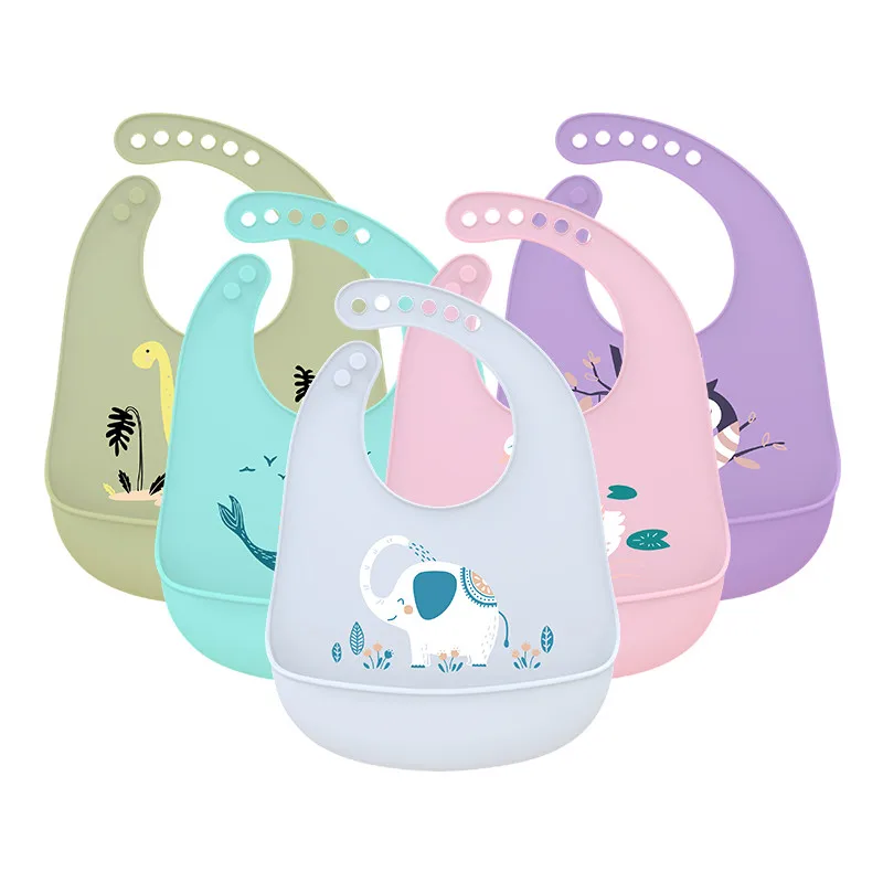 

Cute Cartoon Print Baby Bibs Waterproof Soft Silicone Baby Feeding Stuff Dinosaur Pattern Kids Girl Boy Feeding Adjustable Bibs