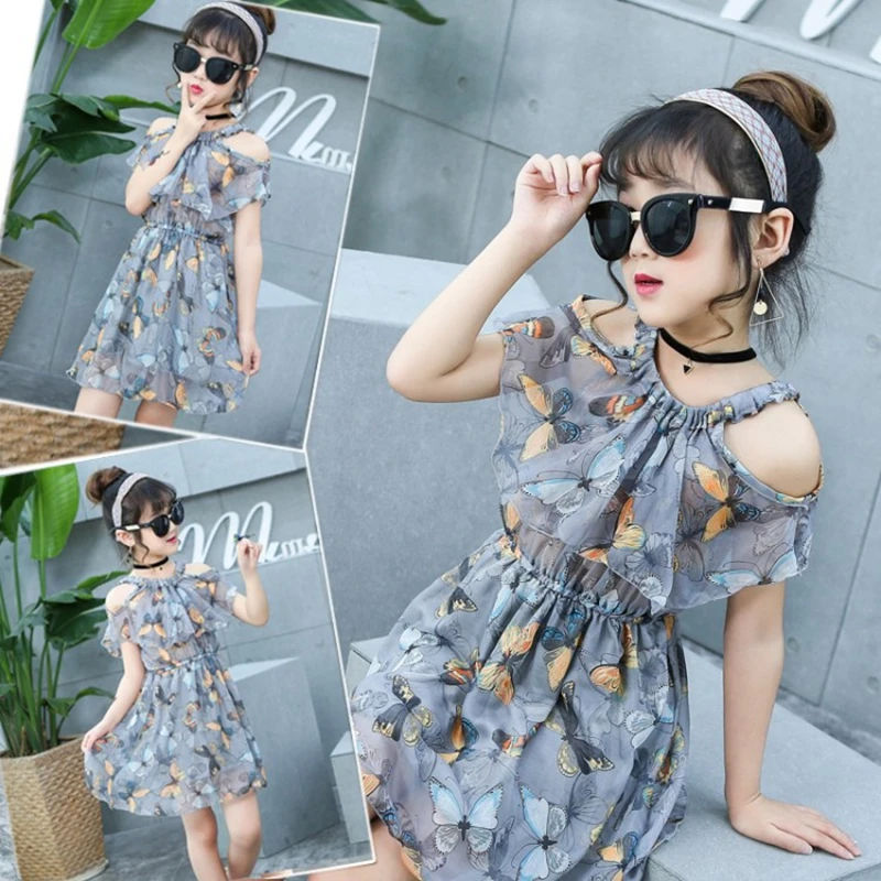 

Baby Girls Dress Summer Floral Butterfly Pattern Beach Dress Kids Chiffon Strapless Sleeveless Princess Dress Children Clothing