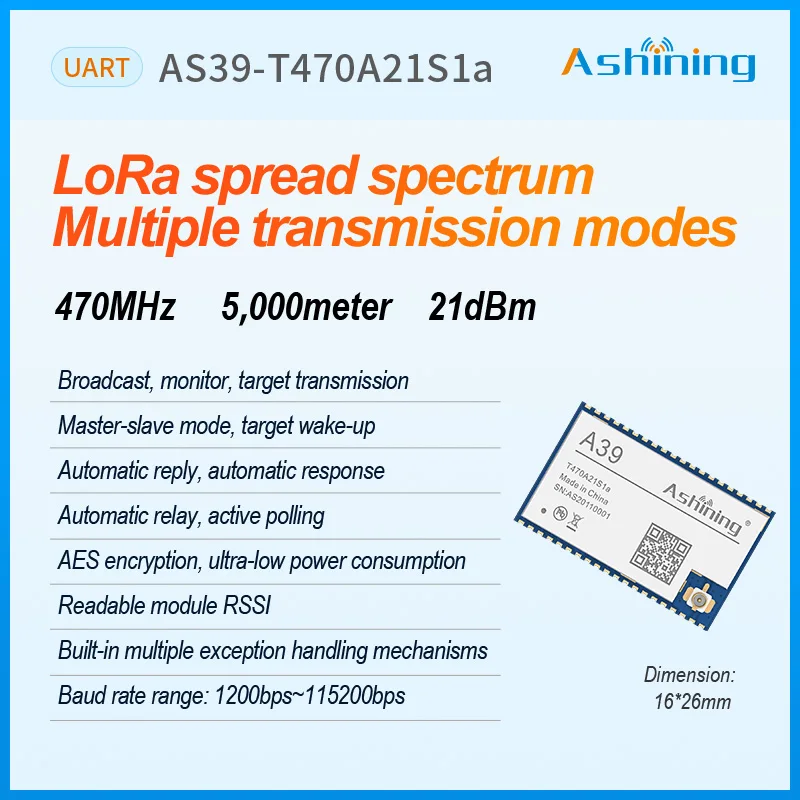 A39-T433A21S1a 433mhz 100mW 20dBm 5000m LoRa ASHINING A39 series Wireless RF Transmitter Receiver Module