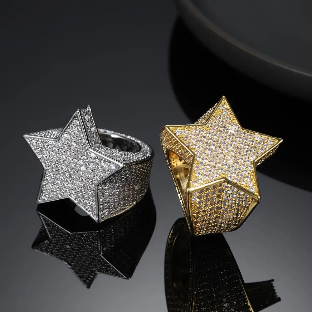 

Hot Selling Hip Hop Five Star Rings Men's Gold Silver Color Iced Out Cubic Zircon Jewelry Ring Men Women Gifts