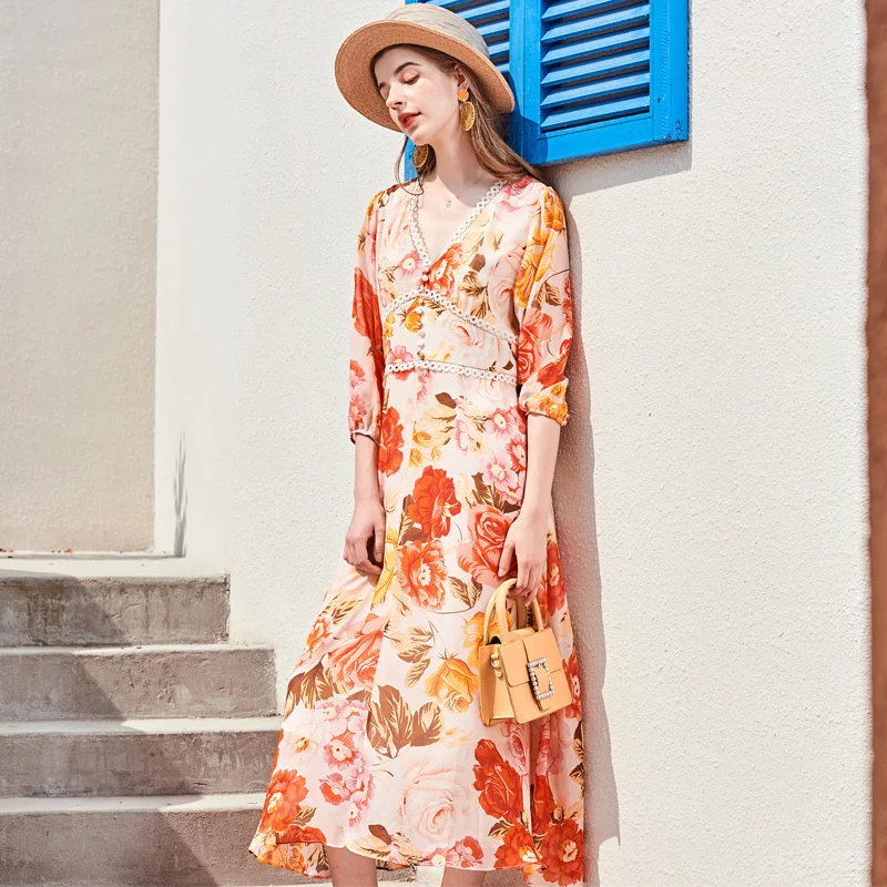

Summer 2021 Wear Women Casual Floral Print Elegant Boho Long Dress 100% Mulberry Silk Dress
