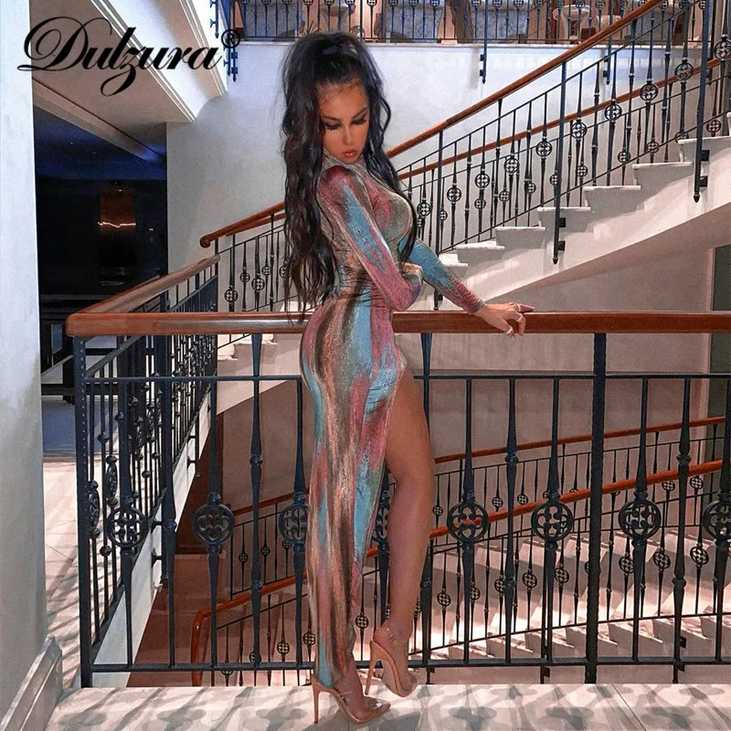 Платье миди женское с длинным рукавом и разрезом по бокам|Женские платья| |