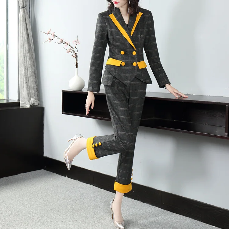 Vogue of new of autumn winters commuter plaid suit color matching collar suit collect waist feet nine minutes of pants