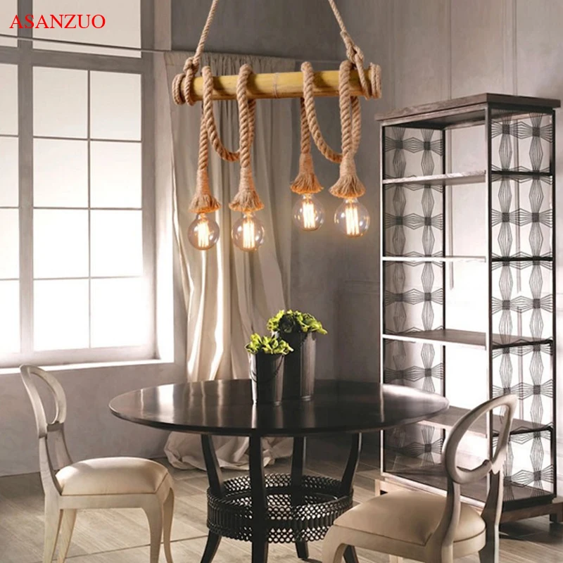 

American country retro personality hemp rope pendant lamp restaurant bar table cafe garden decoration creative bamboo tube lamps
