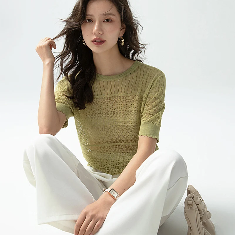

Summer Tshirts Solid Pullover Woman Tshirt Loose O-Neck Short Sleeves Shirts Women's Clothes Hollow Knitting Tees Top Femme