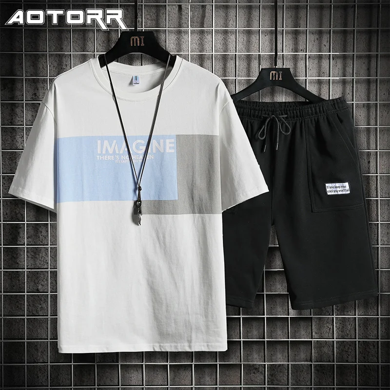 

Костюм спортивный мужской повседневный, Лоскутная футболка, шорты с коротким рукавом и надписью, дышащий спортивный костюм