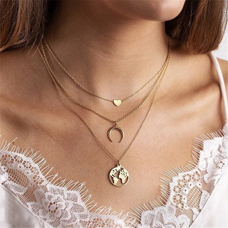 

2021 Jewelry Gifts Women Love Heart Crescent Map Pendant Necklace
