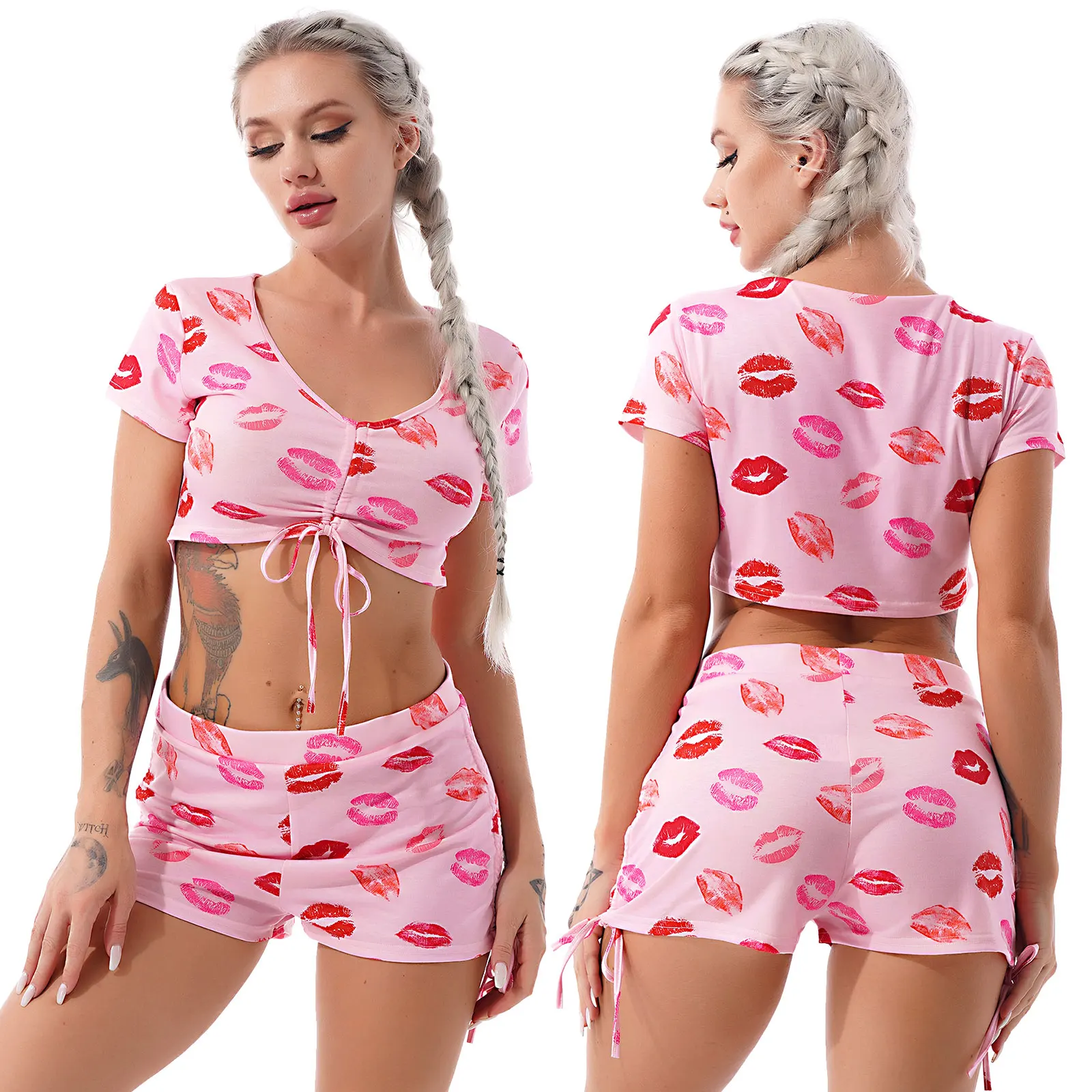 

Women Printed Summer Suit Sexy V Neck Short Sleeves Cropped Top and Side Drawstring Shorts Set for Dance Clubwear Yoga Running