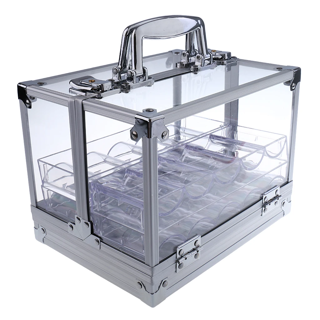 600PCS Portable Poker Chips Case Acrylic Suitcase Transparent Storage Box with 6 Trays Coin Boxes Casino Game Tackles |