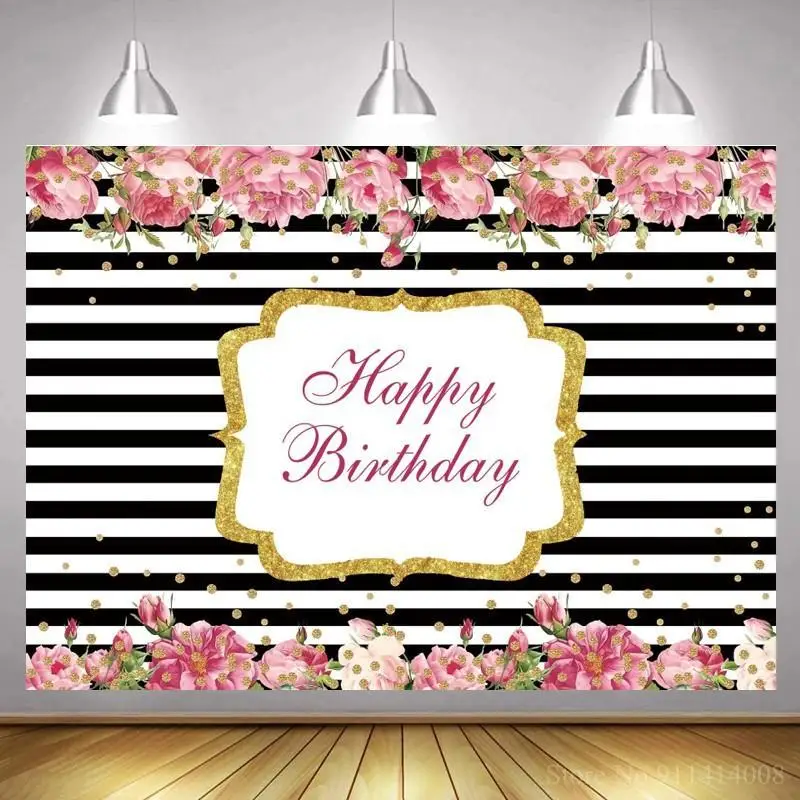 

Black White Striped Line Pattern Happy Birthday Backdrop Photographic Women Birthday Celebration Party Floral Background Photo