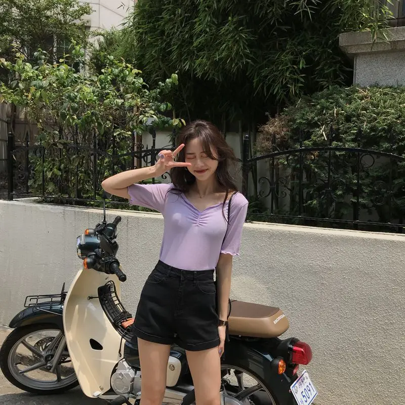 Женская футболка с V образным вырезом летняя Однотонная легкая волнистыми краями