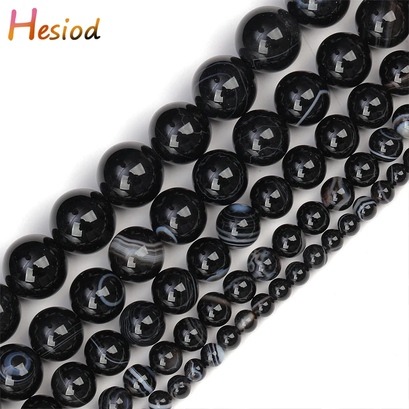 

Hesiod 4/6/8/10/12mm Banded Round Shape Black Agat Onyx Loose Beads Strand 15" Jewellery DIY Making