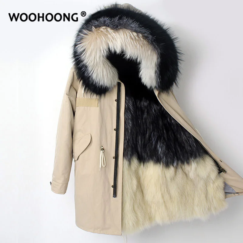 

Женское пальто из натурального меха WOOHOONG, непромокаемое пальто из натурального Лисьего меха, сохраняющее тепло