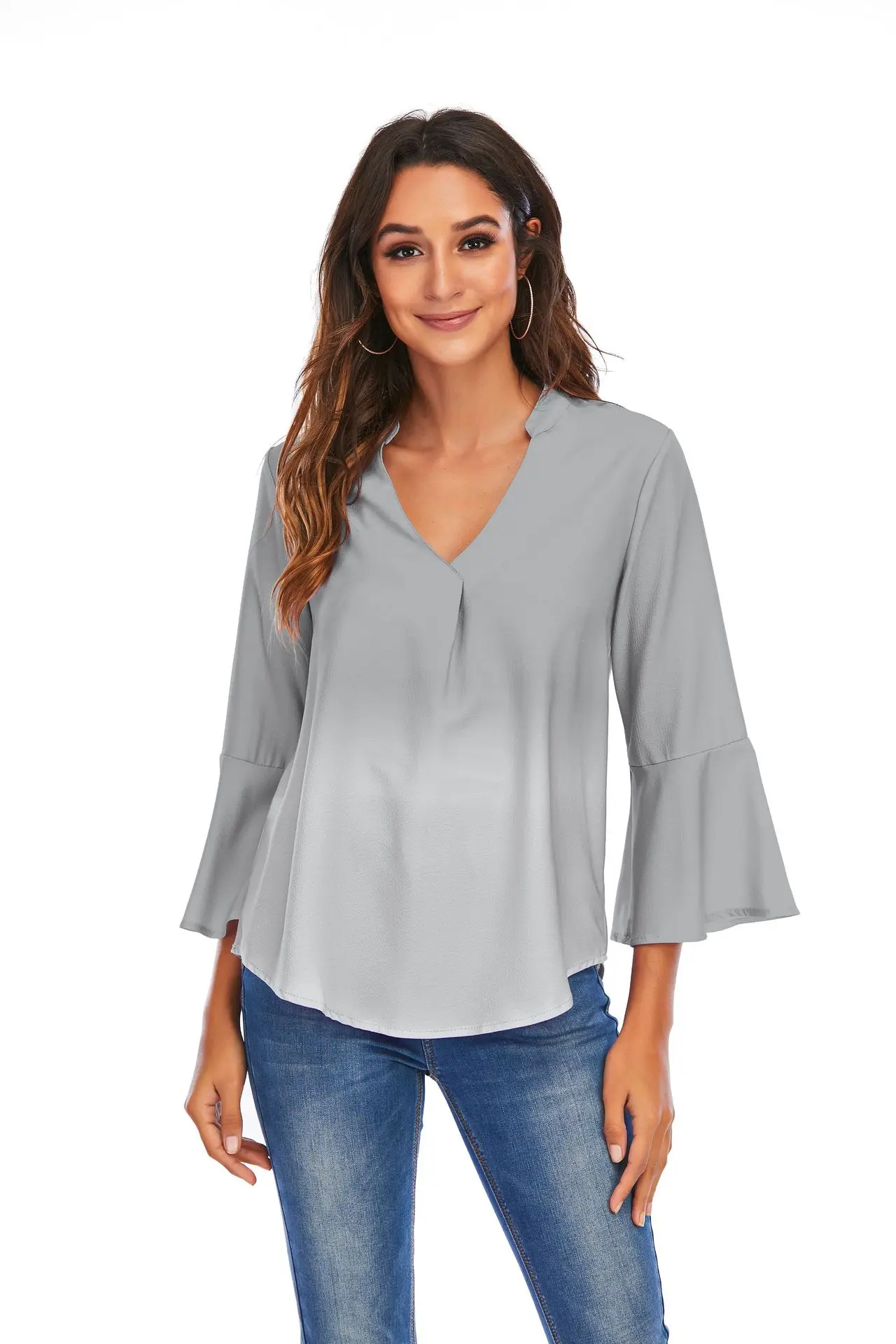 

Donsignet Fashion Women's Blouse New Summer Casual V-neck Pullover Gradient Loose Plus Size Long-sleeved Chiffon Blouse