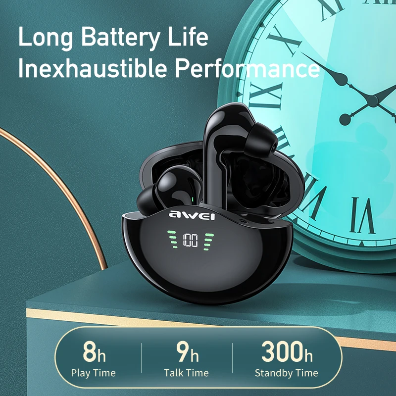 Awei TWS T12 Dual Dynamic Driver Earbuds Bluetooth-compatible 5.1 Earphone Deep Bass With Mic For Phones Headphone | Электроника