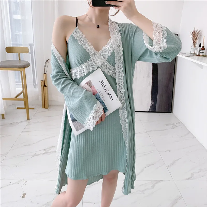 Осенний Новый хлопковый женский халат кружевной сексуальный спагетти ремень