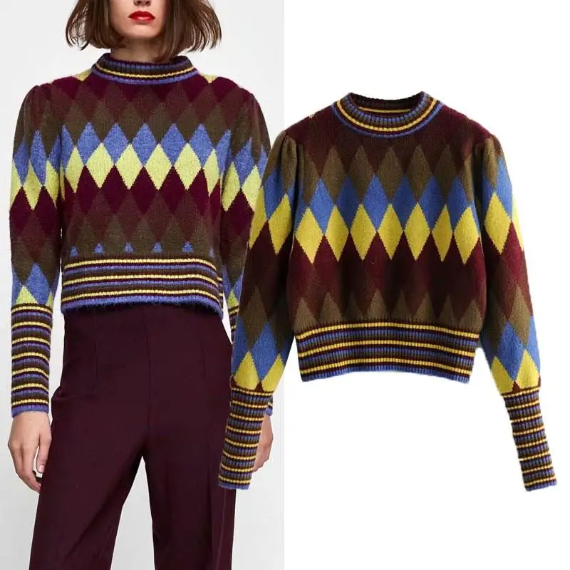 Autumn Winter Women's Slim Sweater O-Neck Female Pullover Vintage Retro Long Sleeve Print | Женская одежда