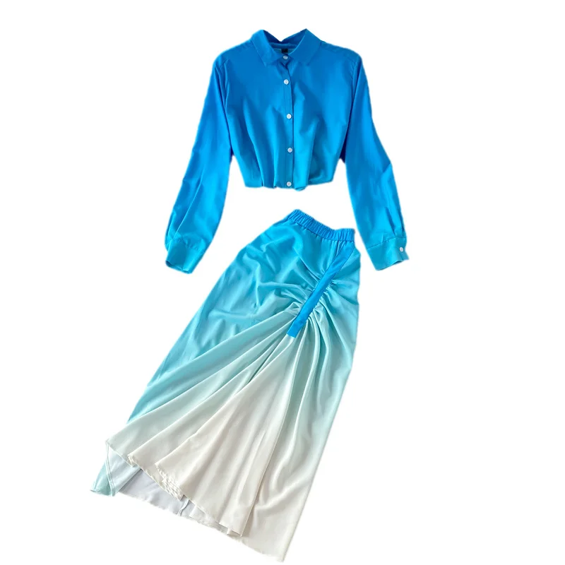 

Girl Fashion Gradient Yellow Skirt Suits Women Loose Long Sleeve Top Shirt Two Piece Skirts Sets Drawstring Pleated Midi Skirt