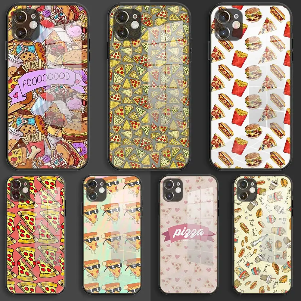 Soft Silicone Glass Case Shell For iPhone 13 12 11 Pro X XS Max XR 8 7 6 Plus SE 2020 S Balck Cover Chips Pizza food Hamburgers