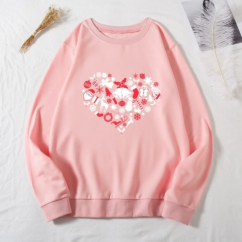 

Женский модный пуловер с рождественским принтом в виде сердца, женские повседневные свитшоты с длинным рукавом и графическим принтом, женс...