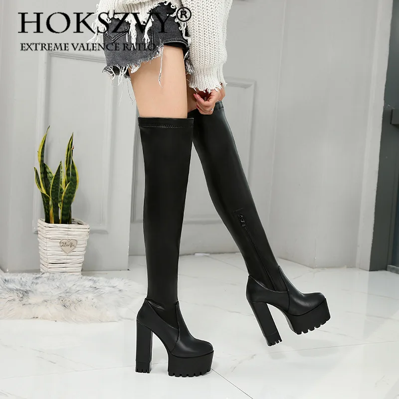 

HOKSZVY/зимние женские пикантные Сапоги выше колена на толстом каблуке 15 см женские водонепроницаемые сапоги до колена на платформе и высоком ...