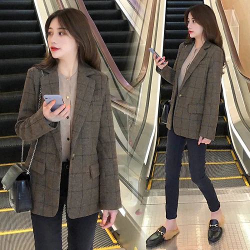 

Женский Повседневный блейзер в клетку, свободный винтажный блейзер в стиле ретро на одной пуговице с карманами для весны и осени