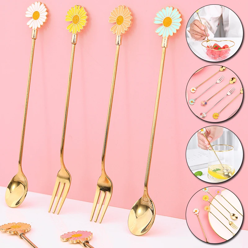 

1pcs Stainless Steel Long Handle Coffee Stirring Spoon Creative Fruit Fork Coffee Tea Dessert Dinnerware