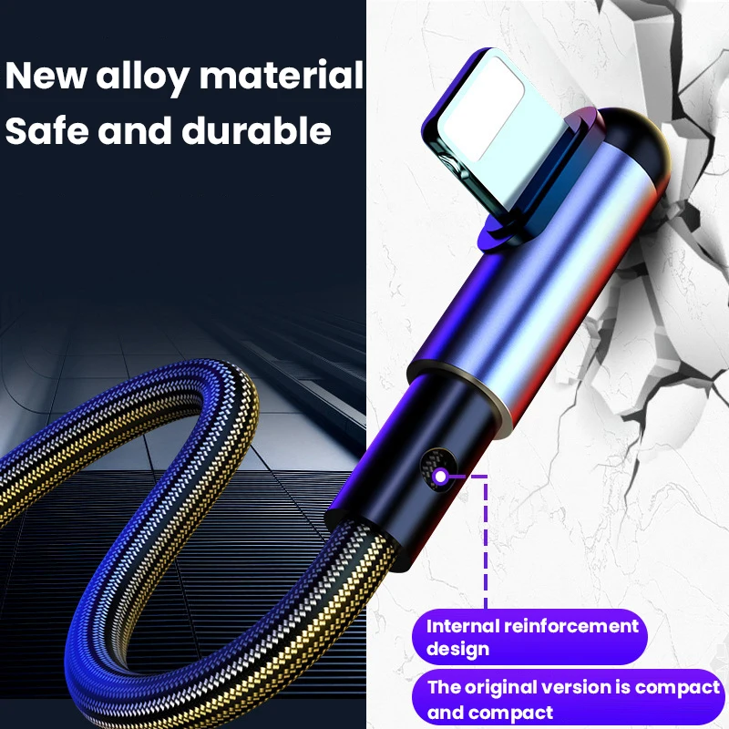 3A 90 Degree Fast Charging USB Cable For iPhone 13 12 11 Pro Max XS XR X 8 7 6 6S L-shape Nylon USB Wire Cord Alloy Phone Cable
