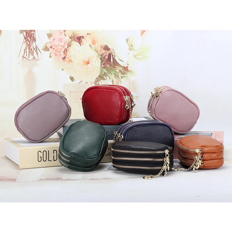 

women blacke Fashionable Mini Coin Purse First Layer Cowhide Loose lady's Wallet Simple Female Three Zipper Clutch Key Case