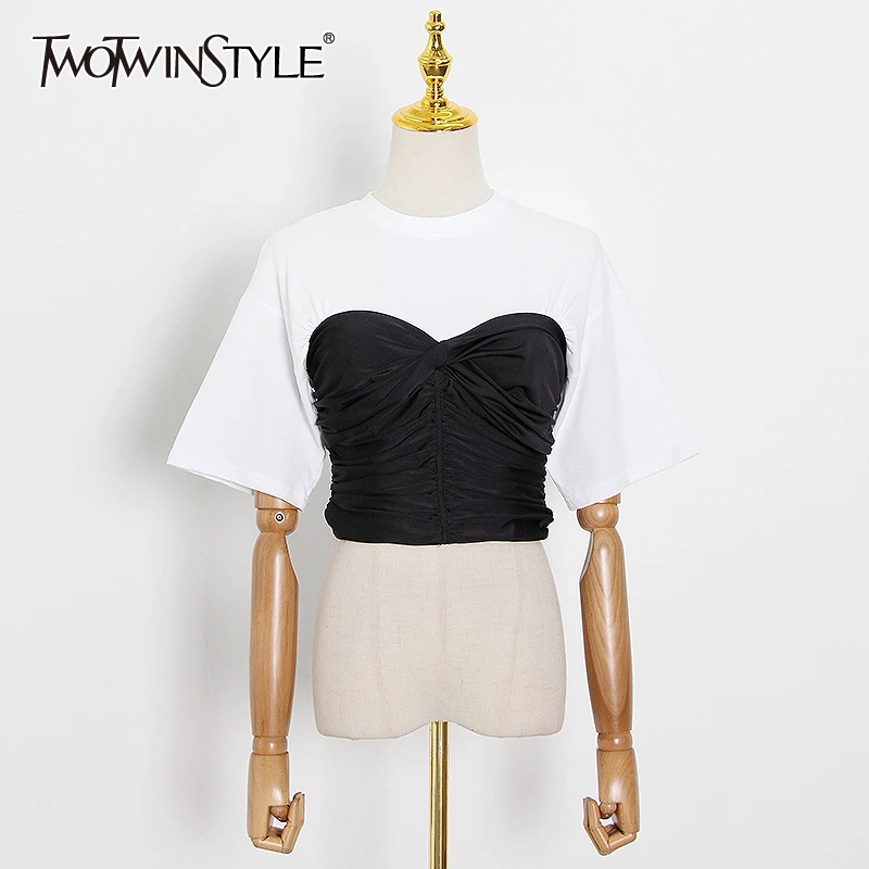 Женская футболка с коротким рукавом TWOTWINSTYLE белая Элегантная составного кроя