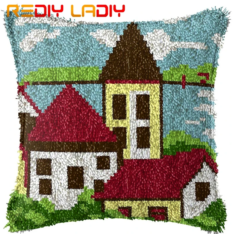 Latch Hook Cushion Coast Village Printed Canvas Cover Acrylic Yarn Crochet Pillow Case Kits Hobby &amp Crafts Home Decor | Дом и сад
