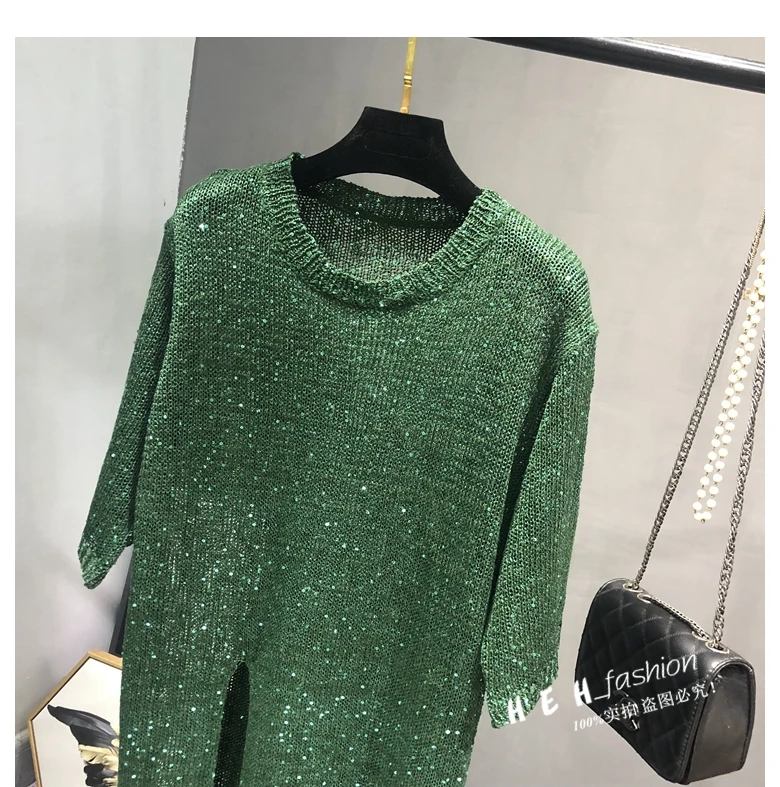 Cakucool Новые блестящие вязаные свитера платье Весна Круглая горловина половина