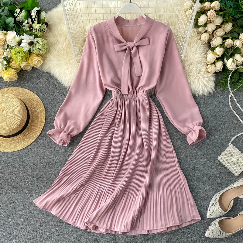 YuooMuoo сладкий галстук бабочка дизайн розовая Женская рубашка платье весна осень с