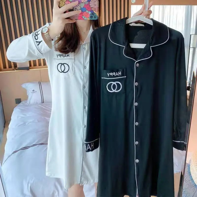 

2021 New Summer Dress Sexy Mini Sleepwear Women Fashion Turn-Down Collar Long Sleeve Single Breasted Women's Pajamas Embroidery
