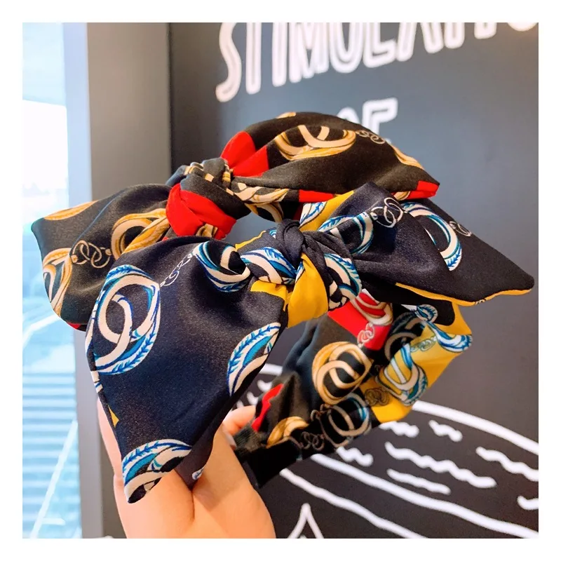 Шелковый большой бант с узлом повязки для женщин сладкие Hairdband корейские волосы аксессуары, лента для волос Цветочный принт повязки на голову накидки на голову