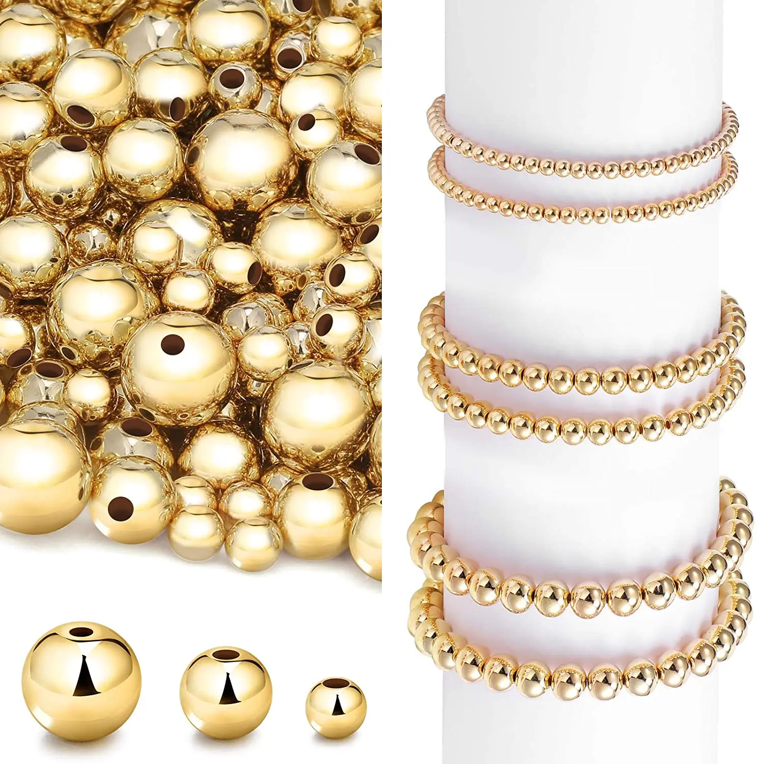 

800 Pieces Mixed Size Round Beaded Spacer Beads Seamless Smooth Loose Ball Beads for Stackable Bracelet Jewelry Craft Making