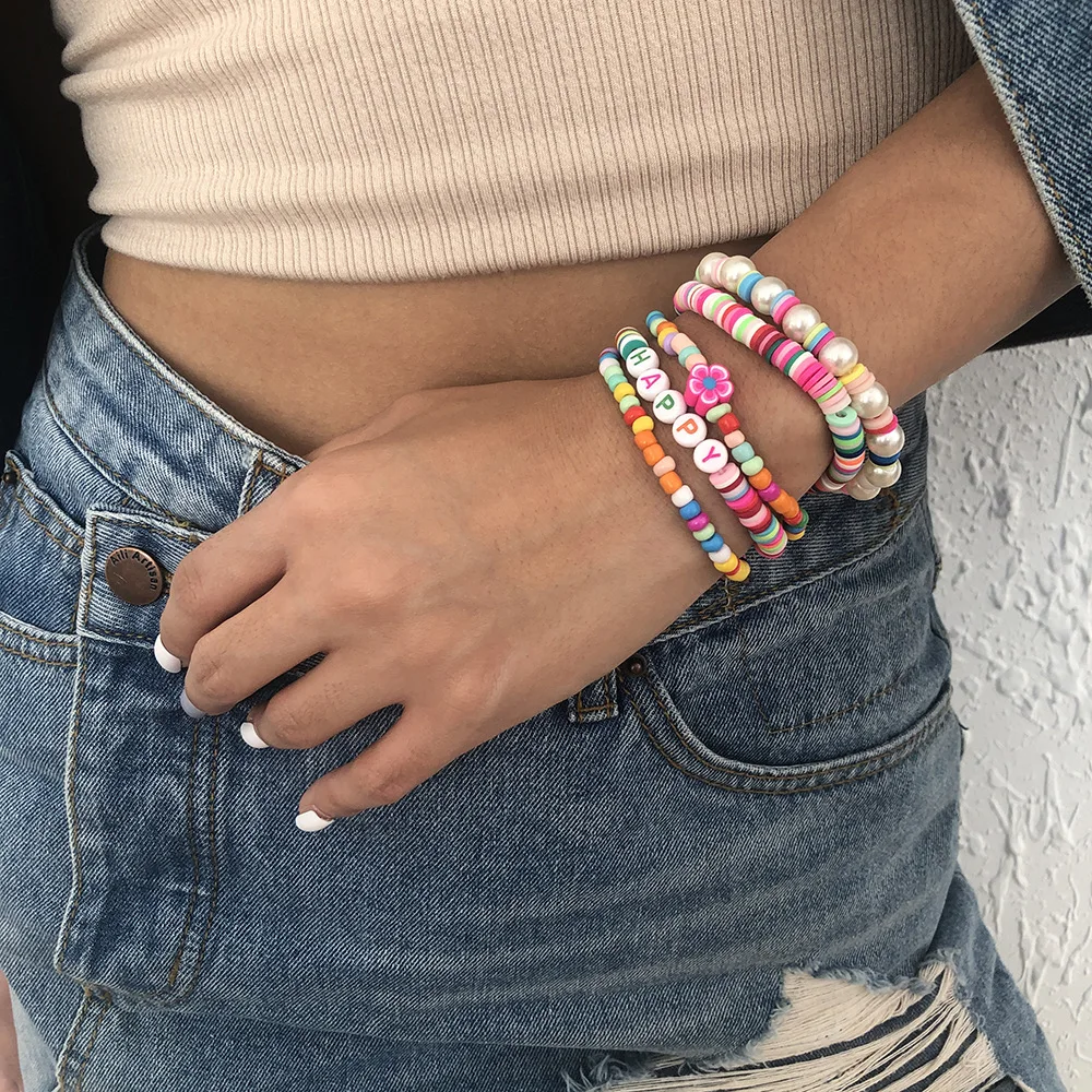 

New Bohemian Ethnic Soft Clay Imitation Pearl Flower Bracelet Sets For Women Multilayer Multicolor Beads Strand Bracelet