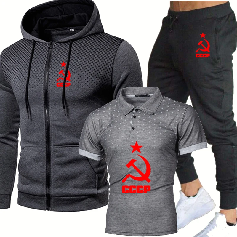 

Casual Men's suit CCCP Russian USSR Soviet Union Spring Autumn Cotton High Quality Men's sweatshirt+t-shirt+pants 3-piece set