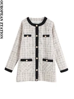 women 2021 fashion contrasting checkered woolen coat vintage long sleeve pockets female outerwear chic tops