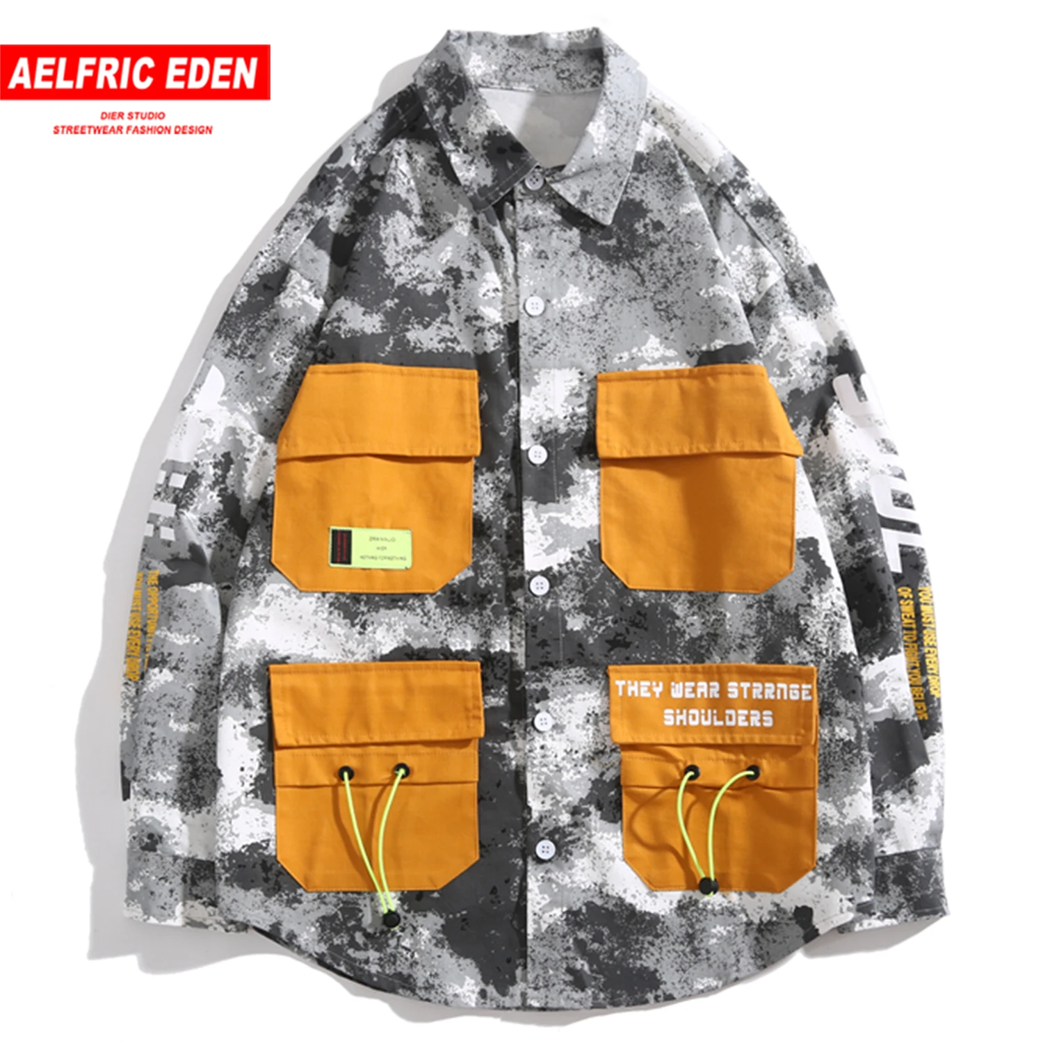 

Multi Pockets Patchwork Printed Men Shirts 2019 Fashion Harajuku Tops Casual Cotton Long Sleeve Outwear Streetwear